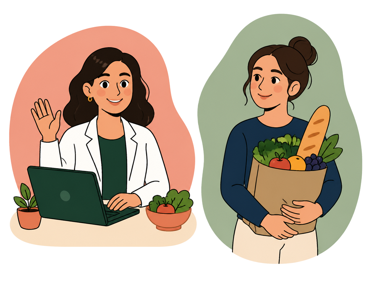 Illustration of a dietitian on a video call and a client carrying fresh groceries